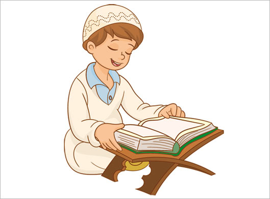 طرح لایه باز کارتونی و گرافیکی پسر مسلمان در حال قرائت قرآن