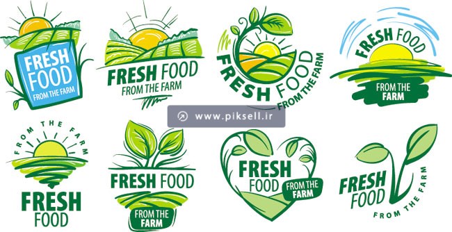 دانلود وکتور لایه باز مجموعه لیبل های سبز و غذاهای تازه (fresh food)