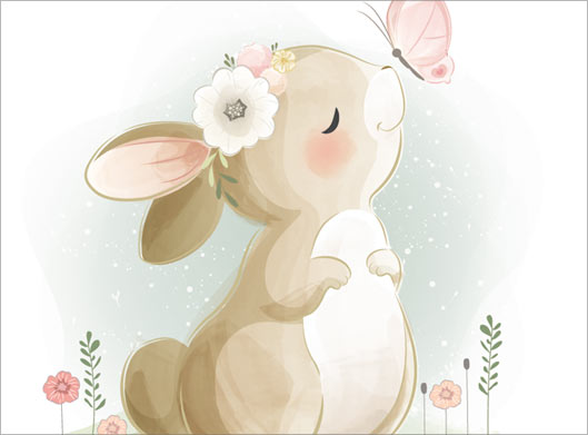 وکتور طرح آبرنگی نقاشی شده خرگوش قهوه ای و پروانه