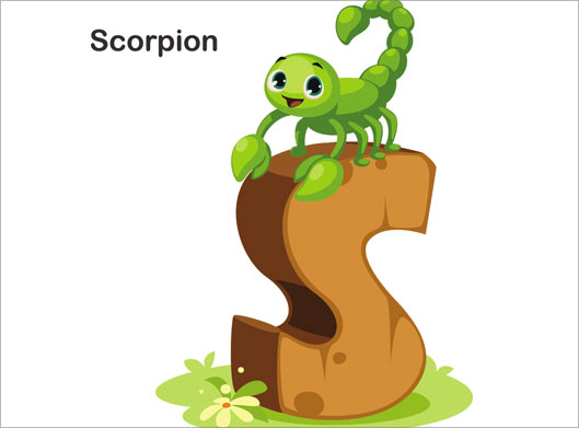 طرح گرافیکی حرف s انگلیسی و کاراکتر عقرب سبز یا scorpion