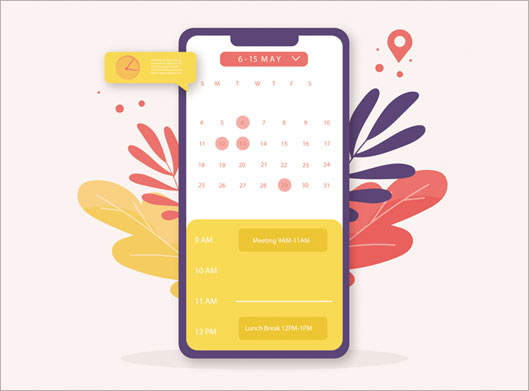 وکتور لایه باز طرح موبایل و تقویم با مفهوم تقویم موبایلی