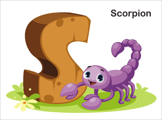 طرح وکتور کاراکتر کارتونی حرف s یا scorpion یا عقرب