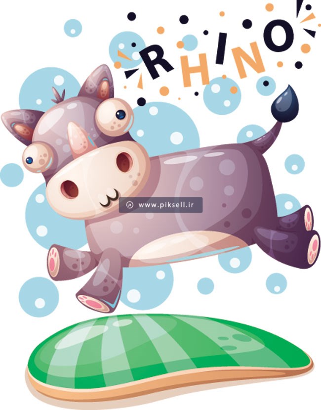 وکتور طرح کاراکتر کارتونی گاو بامزه یا RHINO با فرمتهای لایه باز