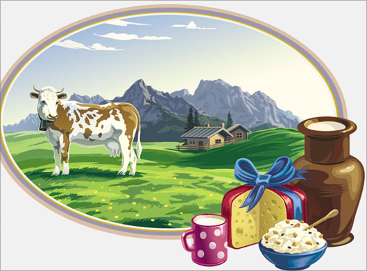 وکتور طرح گرافیکی بیضی مزرعه ، گاو و محصولات لبنی