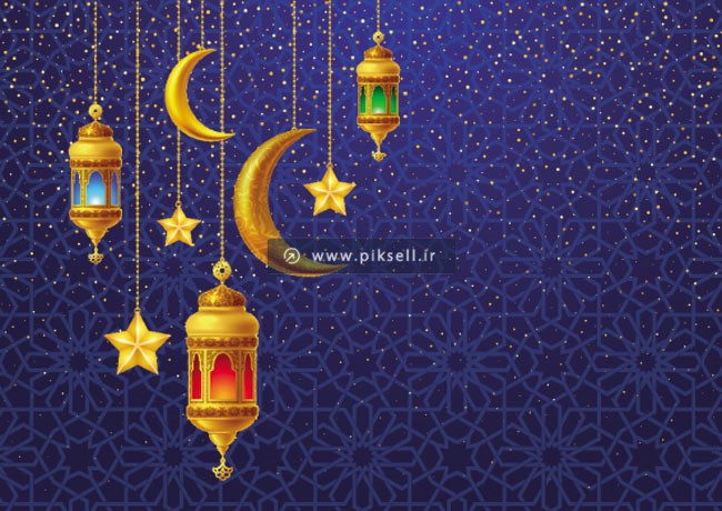 وکتور لایه باز پس زمینه سیاه با المان های ماه و فانوس