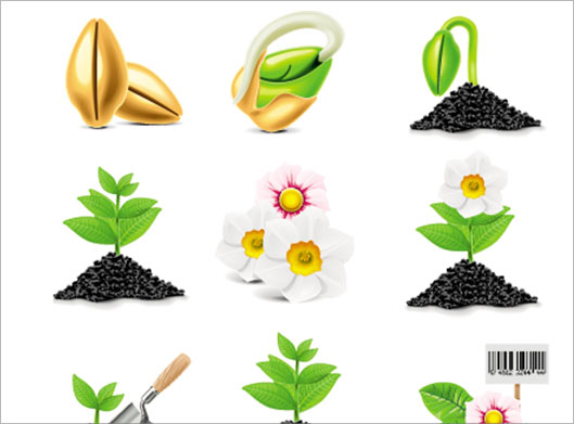 وکتور مجموعه آیکون های رنگی با موضوع گل ، بذر ، کود و خاک