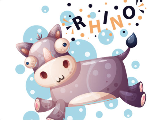 وکتور طرح کاراکتر کارتونی گاو بامزه یا RHINO با فرمتهای لایه باز