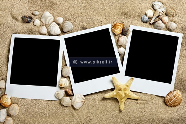 تصویر با کیفیت سه فریم عکس در کنار شن های ساحل و ستاره دریایی و صدف
