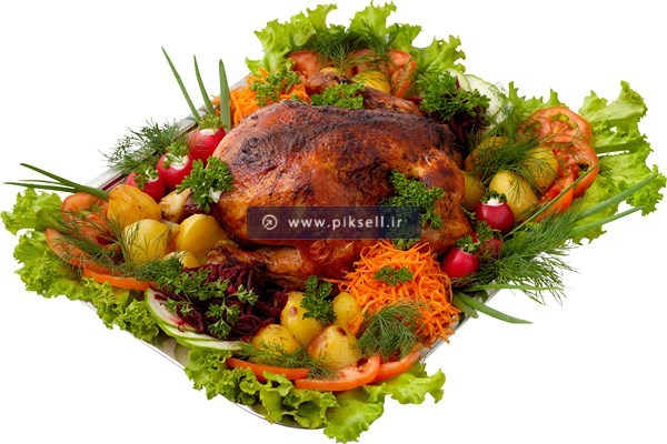 عکس با کیفیت از سینی سبزیجات و مرغ سرخ شده با فرمت jpg