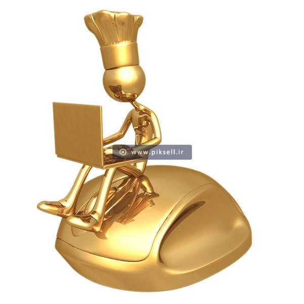 عکس با کیفیت از آدمک سرآشپز نشسته روی موس و لپ تاپ