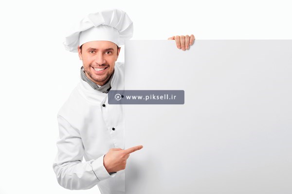 عکس با کیفیت از مرد آشپز بیرون آمده از پشت صفحه سفید