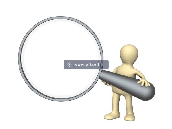 عکس با کیفیت از ذره بین بزرگ در دست آدمک کوچک