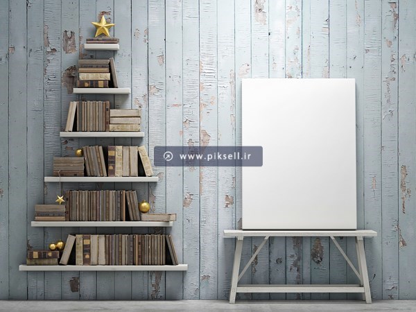 عکس با کیفیت از تابلو کنار قفسه کتاب