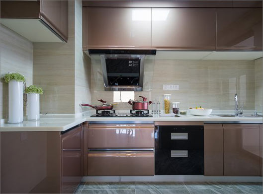 عکس با کیفیت از دکور آشپزخانه با کابینت های کالباسی براق