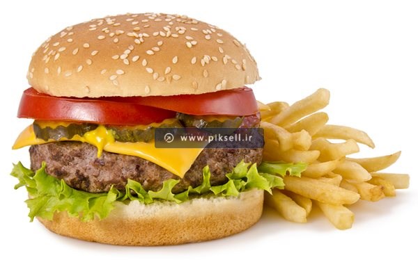 عکس با کیفیت از چیزبرگر و خلال سیب زمینی از نزدیک