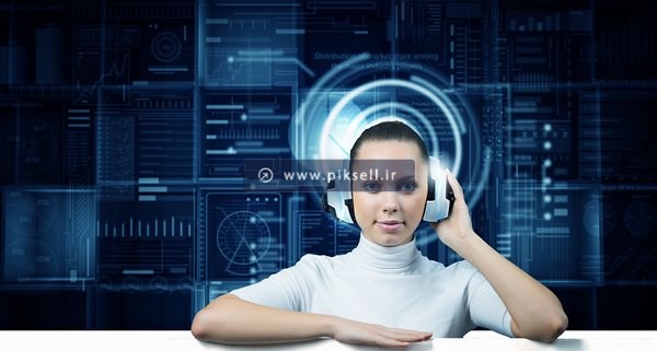 عکس با کیفیت از زن جوان با هدفون با بکگراند دیجیتال مجازی