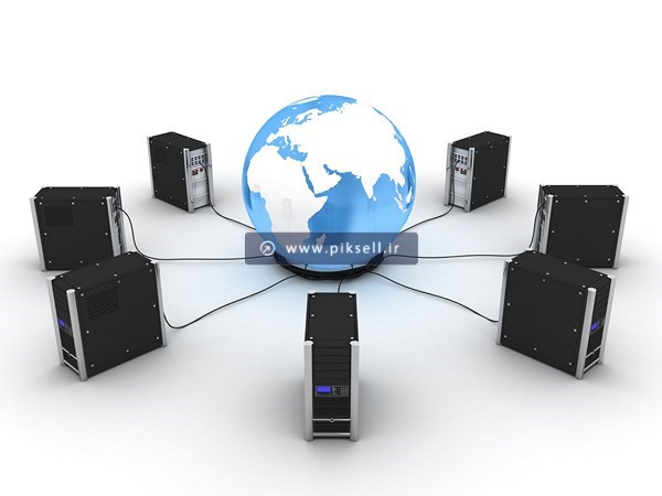 عکس با کیفیت از کره زمین و کیس های کامپیوتر اطراف آن