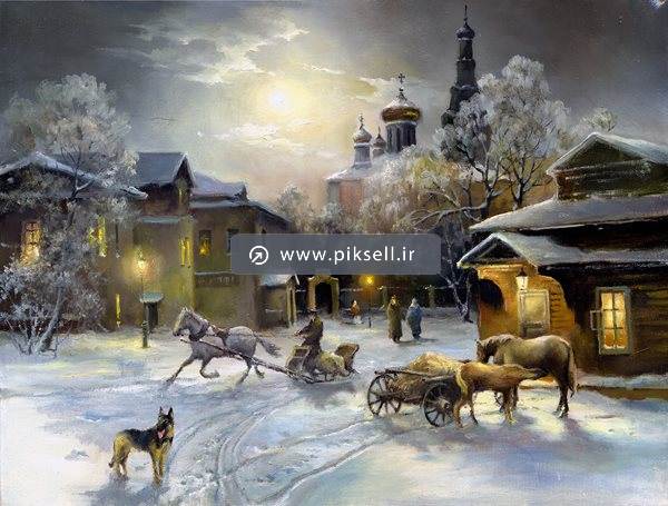 عکس با کیفیت از نقاشی دهکده و برف بصورت رنگ روغن