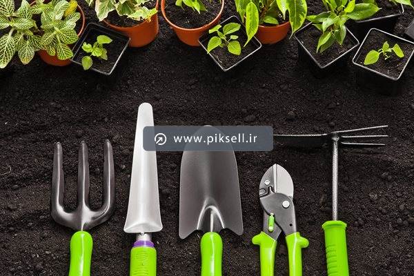 عکس با کیفیت از ابزار باغبانی شامل بیل و بیلچه و انبر
