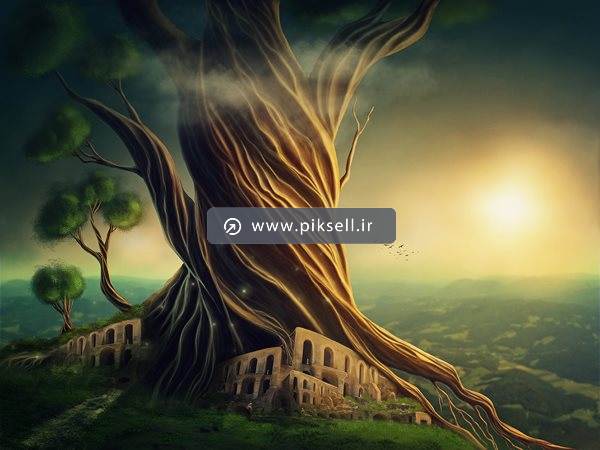 عکس با کیفیت از نقاشی دیجیتال درخت تنومند و خانه های درختی