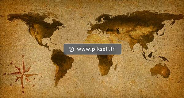 عکس با کیفیت از نقشه دنیا روی کاغذ کاهی و قدیمی