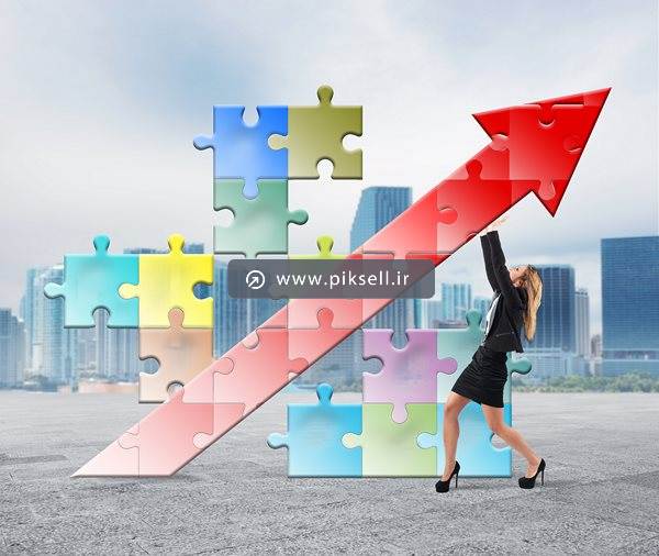 عکس با کیفیت از کارمند زن و افزایش فروش ، توسعه و پازل