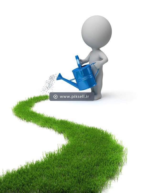 عکس با کیفیت از کاشتن چمن و آدمک سه بعدی ، سطل آب و چمن