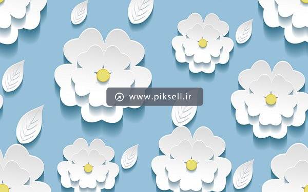 عکس با کیفیت از پس زمینه آبی و گل های سفید نیمه سه بعدی