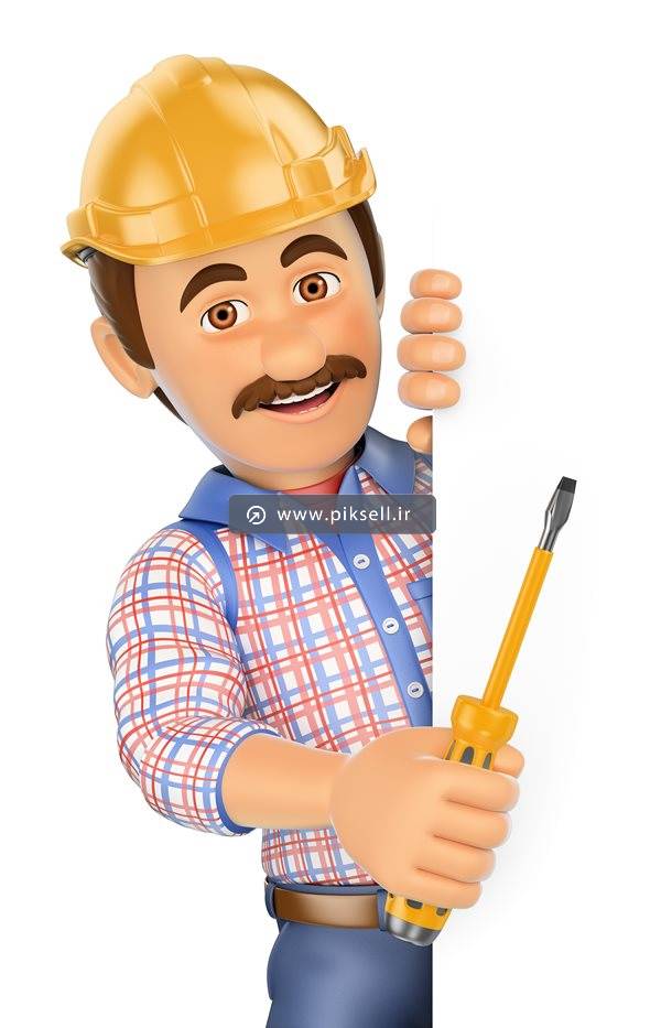 عکس با کیفیت از کاراکتر کارتونی مرد تعمیرکار با پیچ گوشتی و کلاه ایمنی