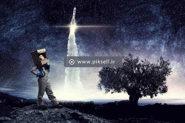 عکس با کیفیت از طرح فانتزی شلیک شاتل فضایی و آدم فضایی و درخت و فضا