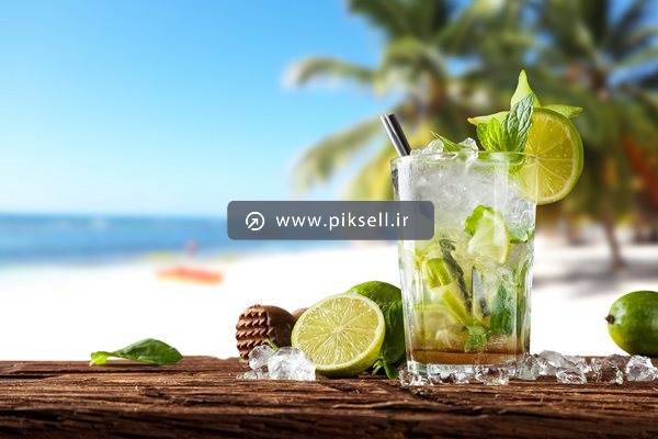 دانلود عکس با کیفیت از موهیتو و لیمو ترش و بکگراند ساحل