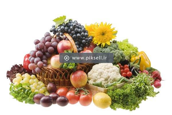 عکس با کیفیت از مجموعه میوه و صیفی جات و سبزیهای تازه در سبد حصیری