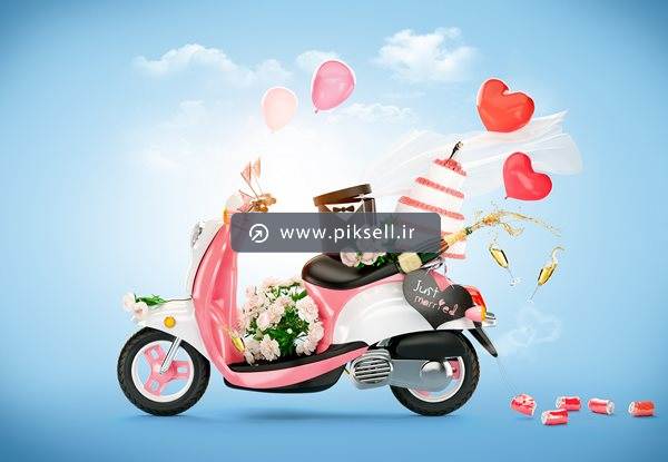 عکس با کیفیت از موتور عاشقانه با تزئین قلب ، گل و ..
