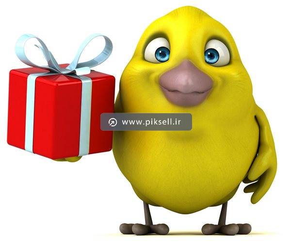 عکس با کیفیت از پرنده سه بعدی زرد و جعبه کادو و هدیه در دست