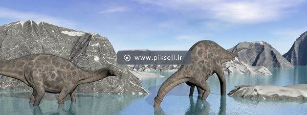 دانلود عکس با کیفیت از رندر سه بعدی دایناسورها در برکه