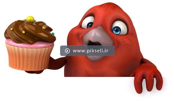 تصویر با کیفیت از کاراکتر سه بعدی پرنده نارنجی و کاپ کیک کاکائویی