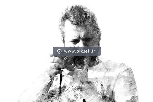 تصویرسازی سیاه قلم سیاه و سفید از مرد عکاس و دوربین عکاسی در دست