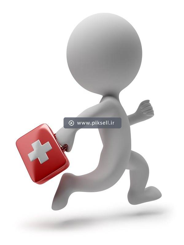 عکس با کیفیت از کاراکتر سه بعدی آدمک و جعبه کمک های اولیه با بکگراندسفید