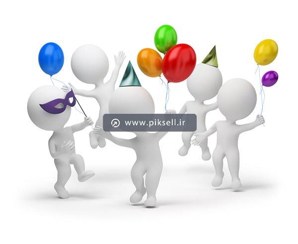 دانلود تصویر با کیفیت از شادی و پایکوبی آدمک های سه بعدی سفید با بادکنک در دست