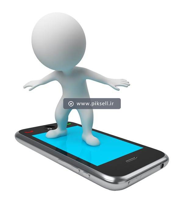 دانلود عکس با کیفیت از آدمک سه بعدی و گوشی موبایل با بکگراند سفید