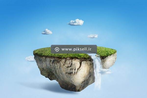 تصویر با کیفیت سه بعدی از قطعه از زمین چمن روی ابرها و آسمان آبی