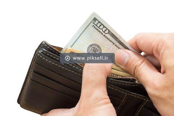 دانلود عکس با کیفیت از دلارهای داخل کیف پول چرمی با بکگراندسفید