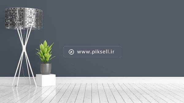تصویر با کیفیت از دیوار خالی و کف پارکت و گلدان گل و آباژور